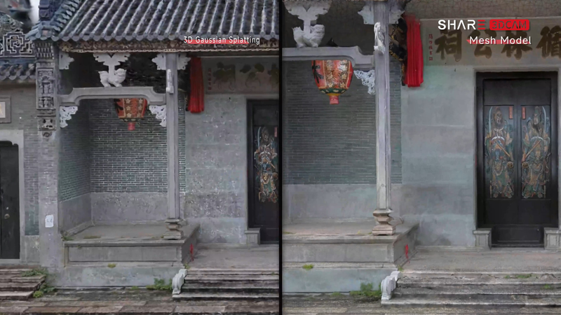 Comparison of 3D Gaussian Splatting (3DGS) and mesh model outputs created from C10 capture data for a historic building facade.